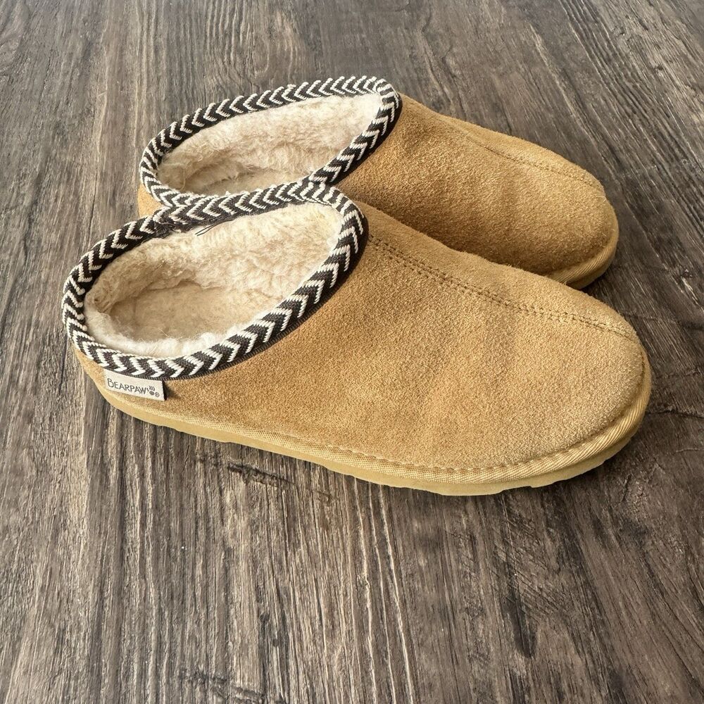BEARPAW Tabitha Women’s Brown Suede Lined Mule Slippers Slip-On Rubber Sole US 5